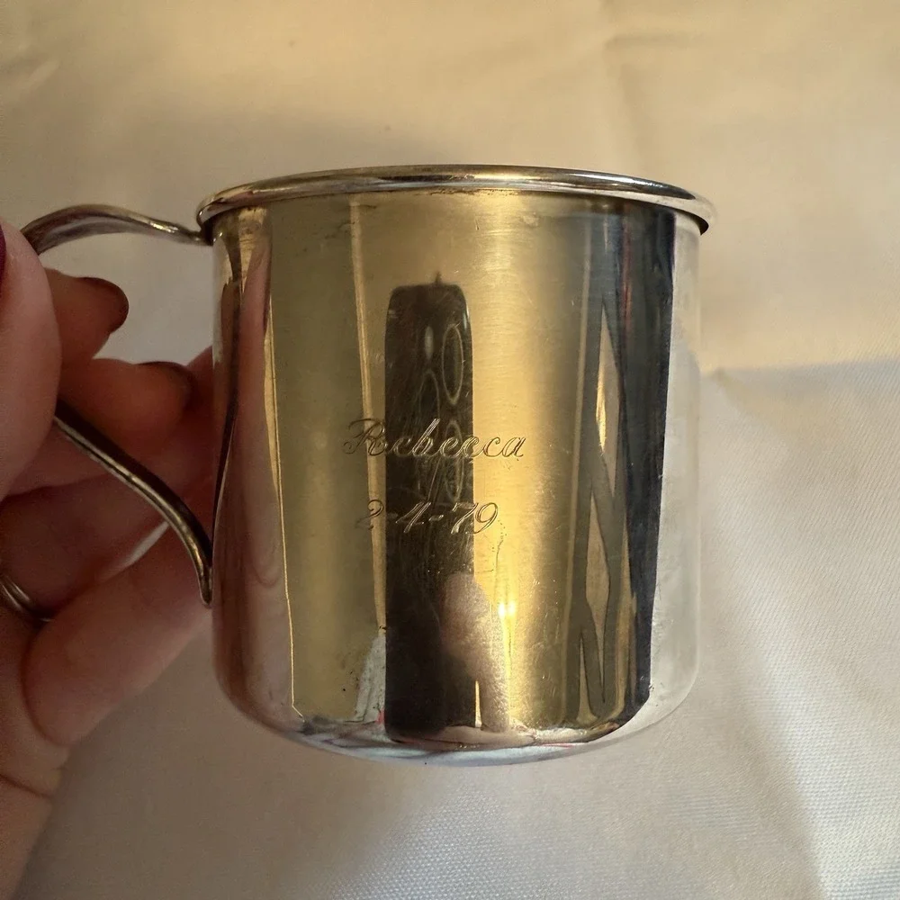 VINTAGE INTERNATIONAL SILVER CO. Baby Cup With Spoon Handle Jessica Monogram